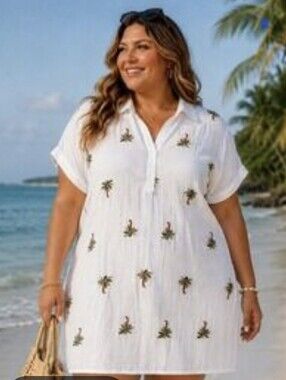 White Palm-Embroidered Beach Shirt Dress